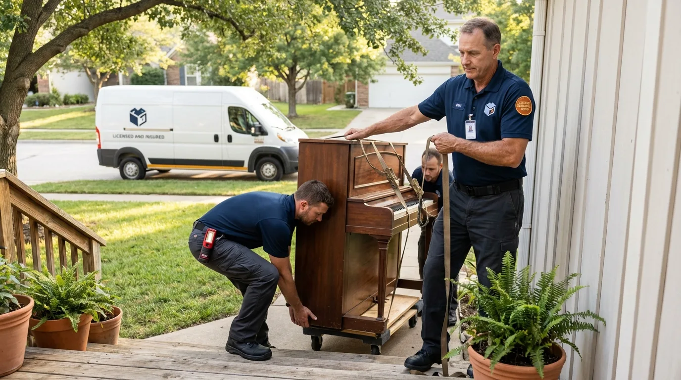 Licensed piano movers securing grand piano in Hazel Green, WI