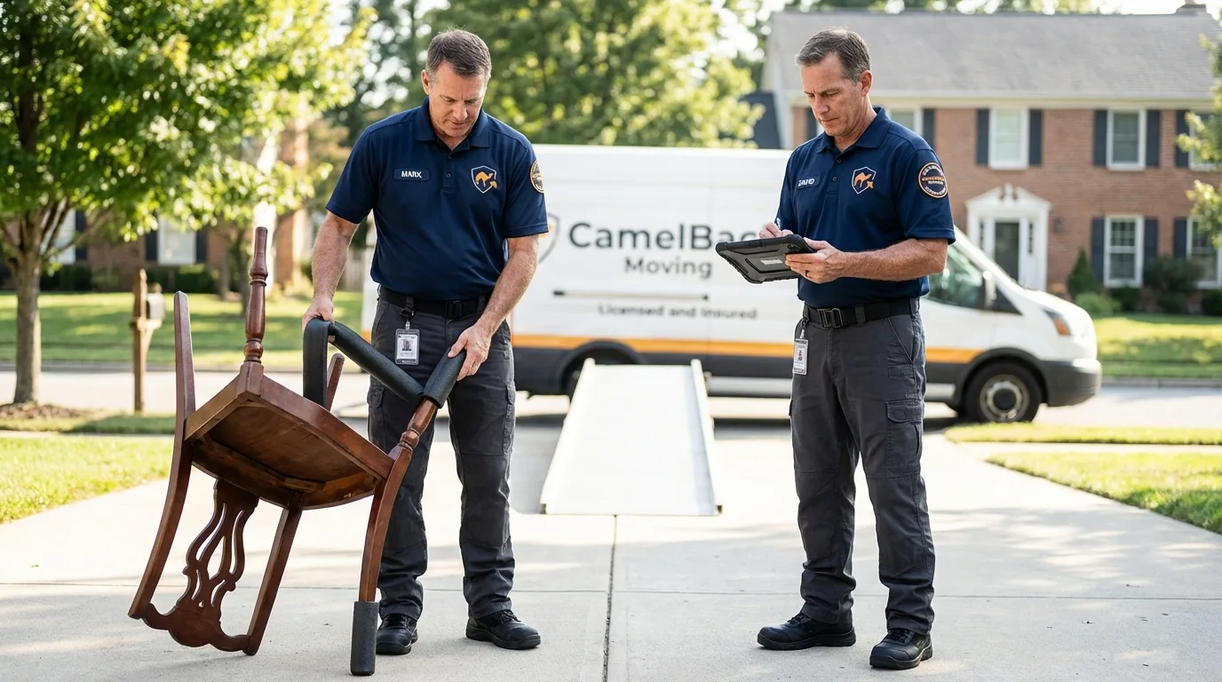 Movers inspecting furniture for damage prevention before loading in Hazel Green, WI