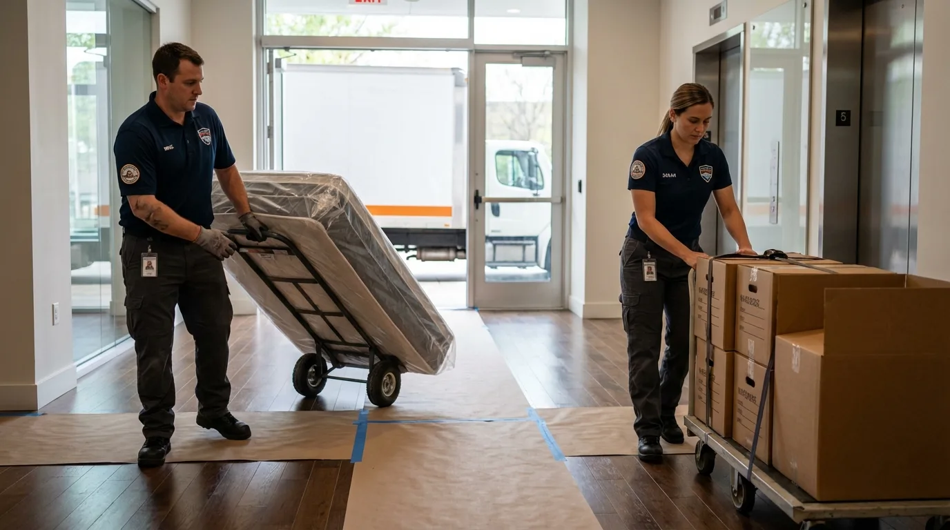 Professional apartment movers loading elevator in Hazel Green, WI