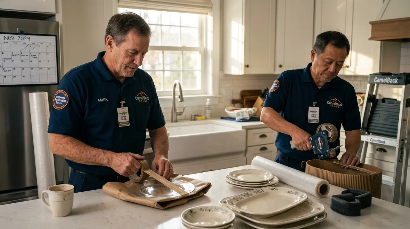 Professional crew packing kitchen dishware in Hazel Green, WI